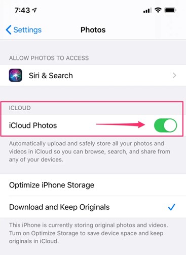 Configurações do iPhone com a opção Fotos do iCloud ativada