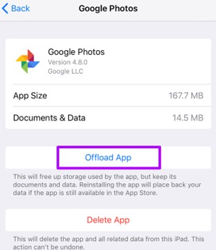 offload google photos to free up space taken by google photos on iphone