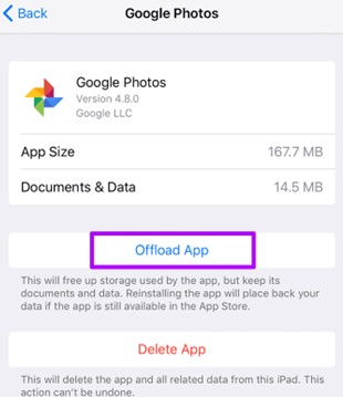 Offload Google Foto per liberare spazio occupato da Google Foto su iPhone