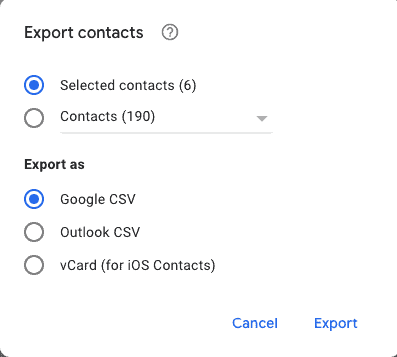 export as v card for iOS 