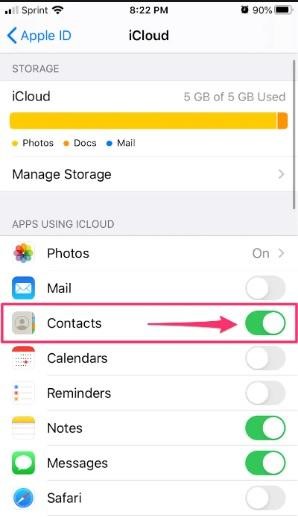 toggle on contacts on icloud 