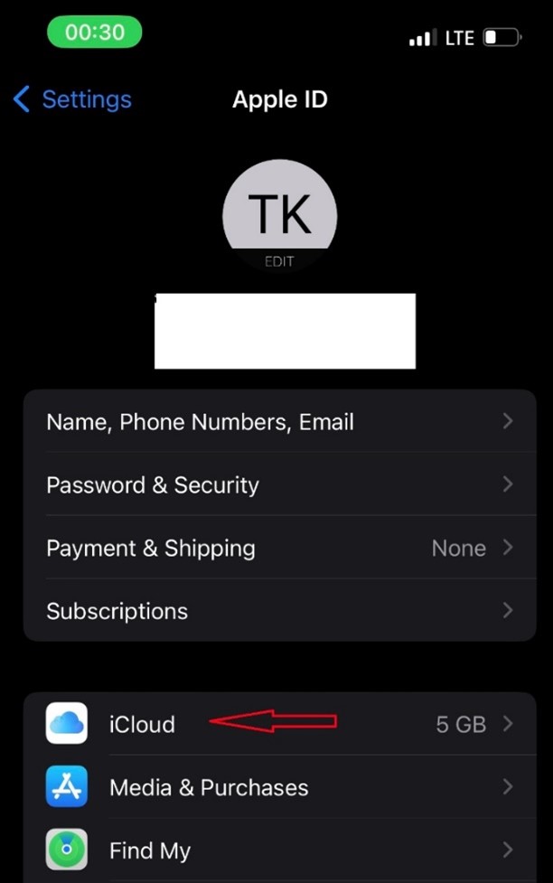 Select iCloud in iPhone settings  