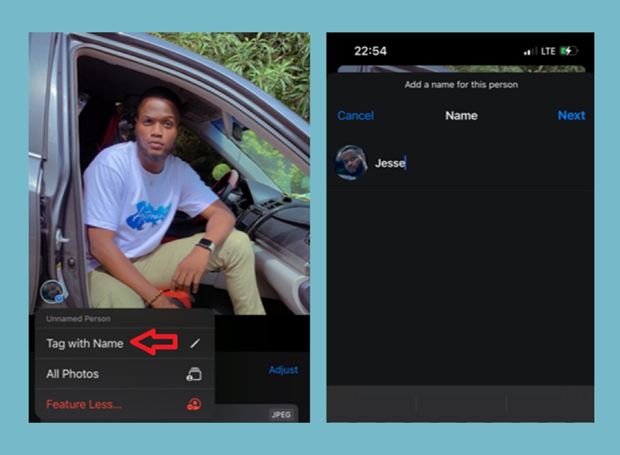 Enter name tag on iPhone photos in the Photos App 