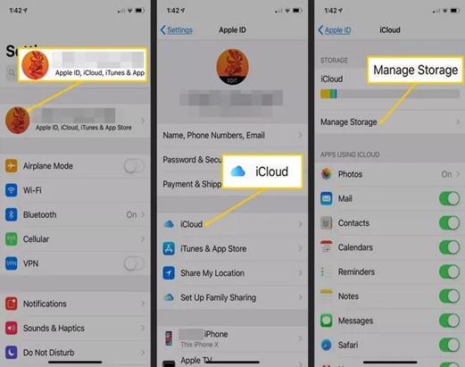 selecione iCloud e gerencie o armazenamento