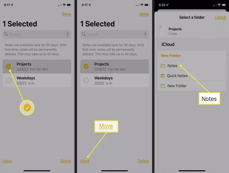 select deleted notes that you want and tap on move to restore them