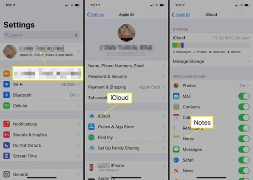 turn on notes in icloud settings after you go to your apple id in settings