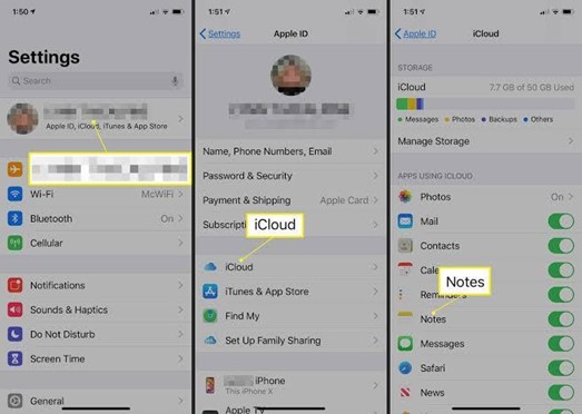 activez les notes dans les réglages icloud après avoir accédé à votre identifiant Apple dans les réglages.