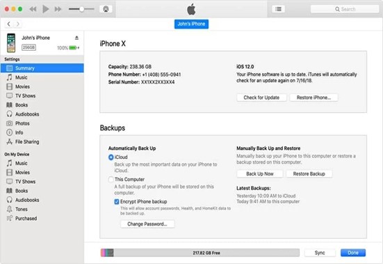 restore backup in itunes summary