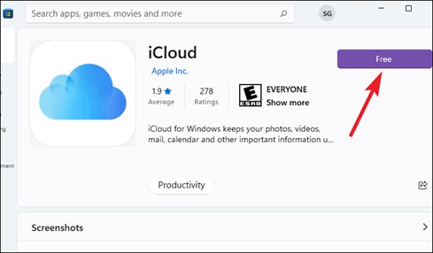 Botão para instalar o iCloud