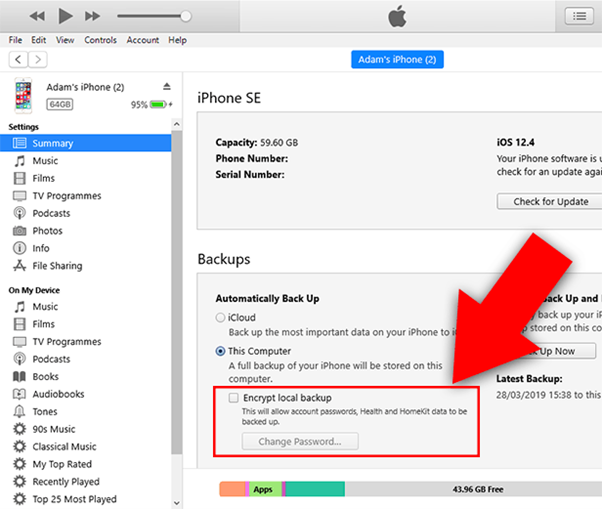 encriptar copia de seguridad local en itunes