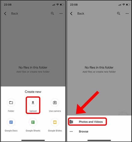 tap upload and then Photos and Videos