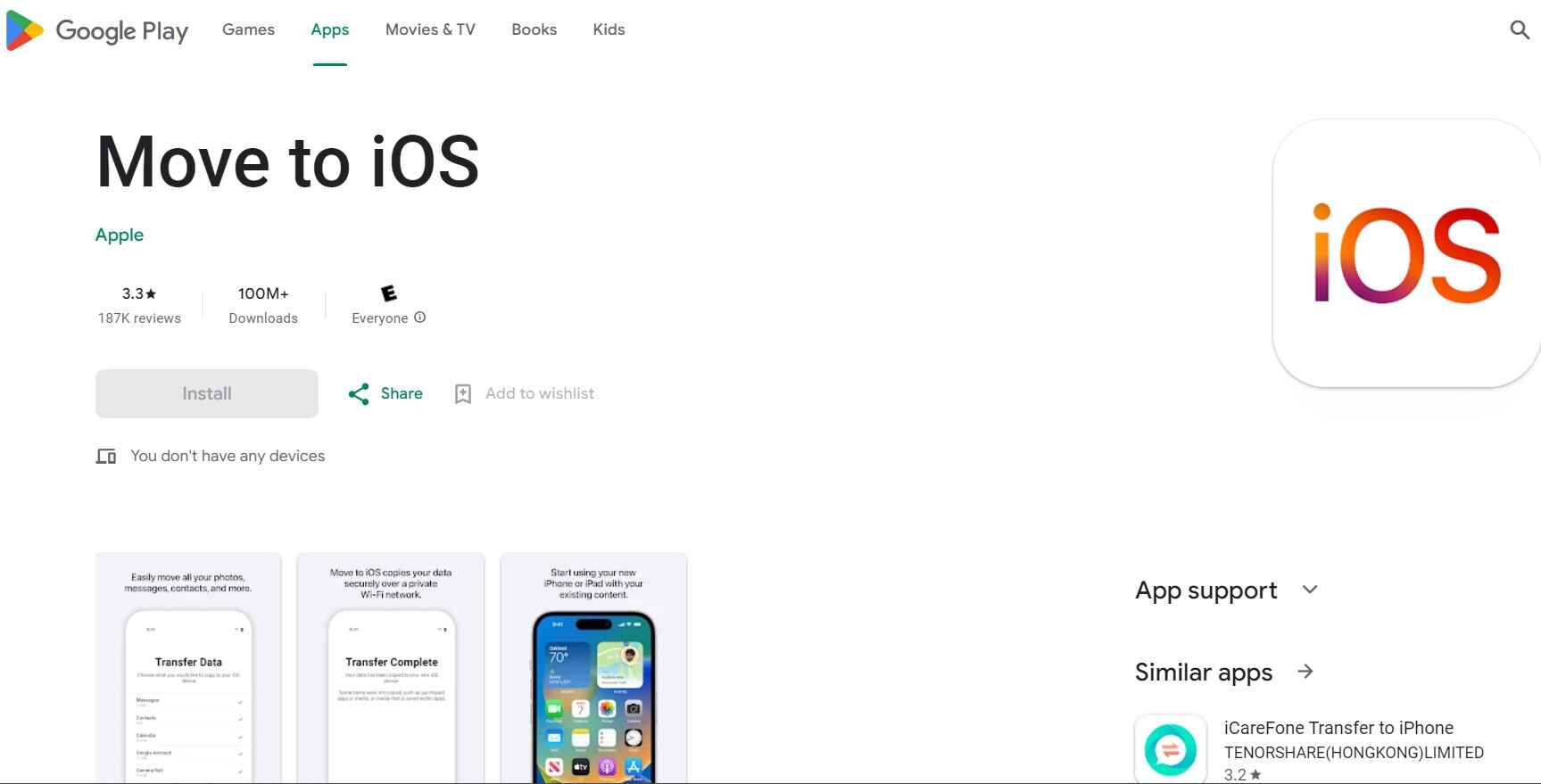 Aplicativo Migrar para iOS na Play Store 