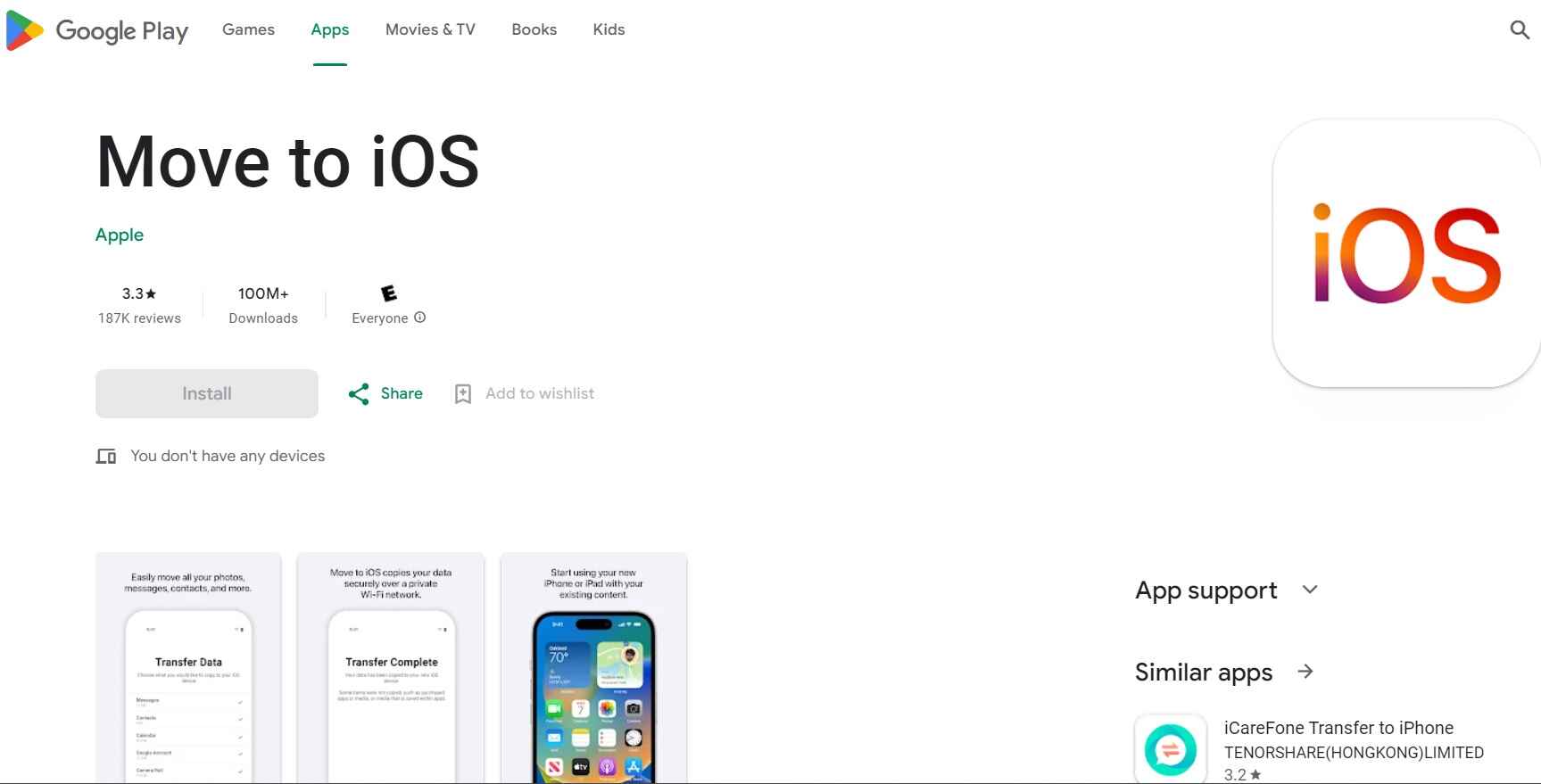تطبيق Move to iOS على Play Store 
