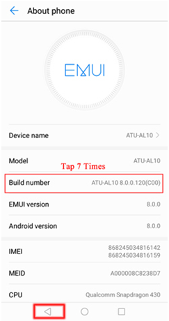 العثور على خيار build number