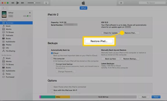 selecionar Restaurar iPad para continuar