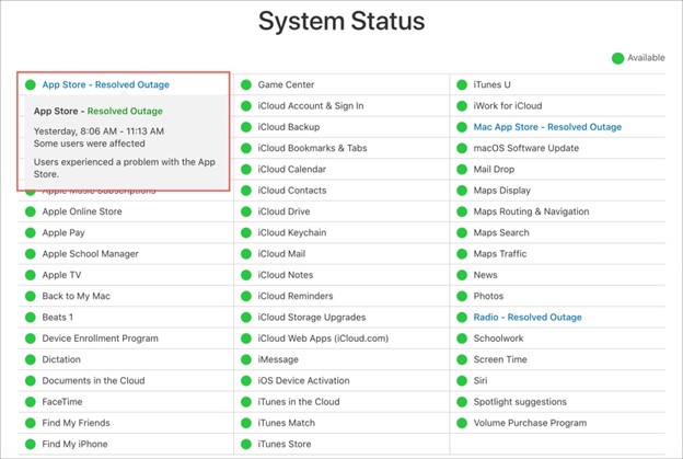 vai alla pagina Stato del sistema Apple per verificare lo stato del server