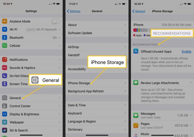 Allez dans le menu général et dans le menu de stockage de l'iPhone pour libérer de l'espace.