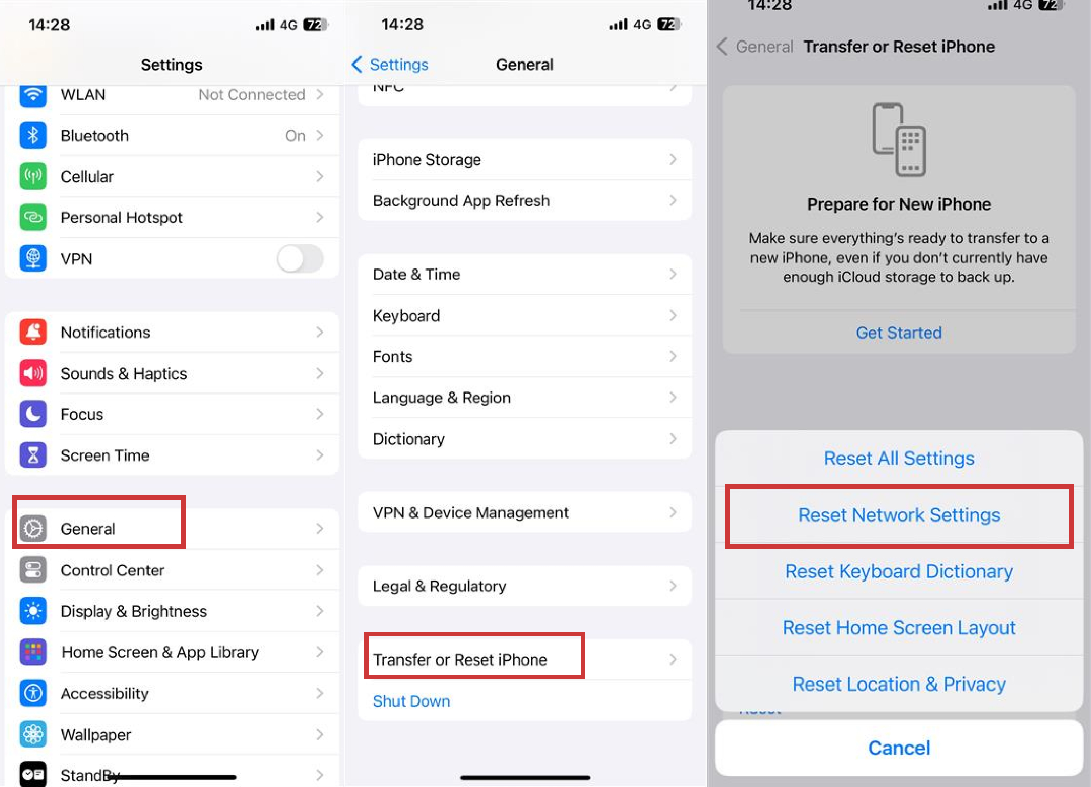 intenta restablecer la configuración de red en restablecer después de ir a general