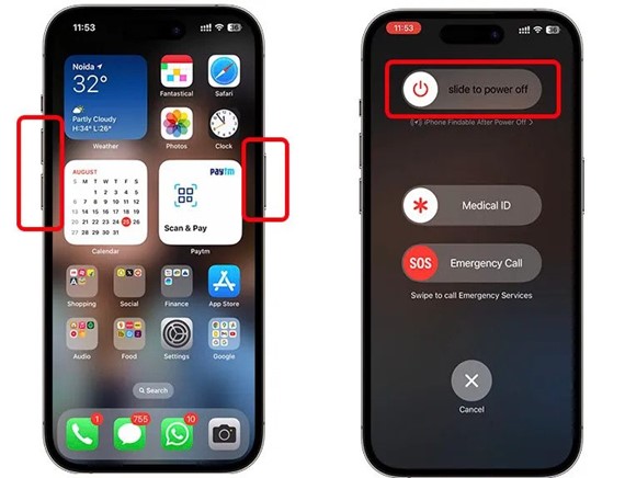 press power button and slide to power off and then press the button to restart the phone