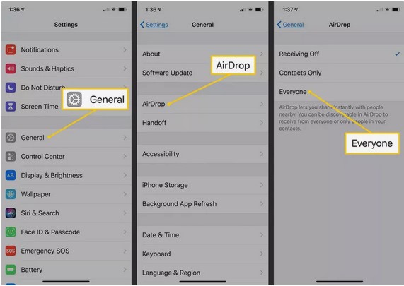 turn on airdrop through settings 