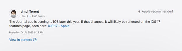 uma postagem sugere que o aplicativo de diário chegará ao iOS 17 ainda este ano
