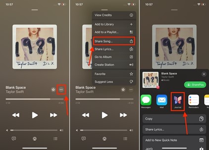 select the three dots next to a song to share it in the journal entry