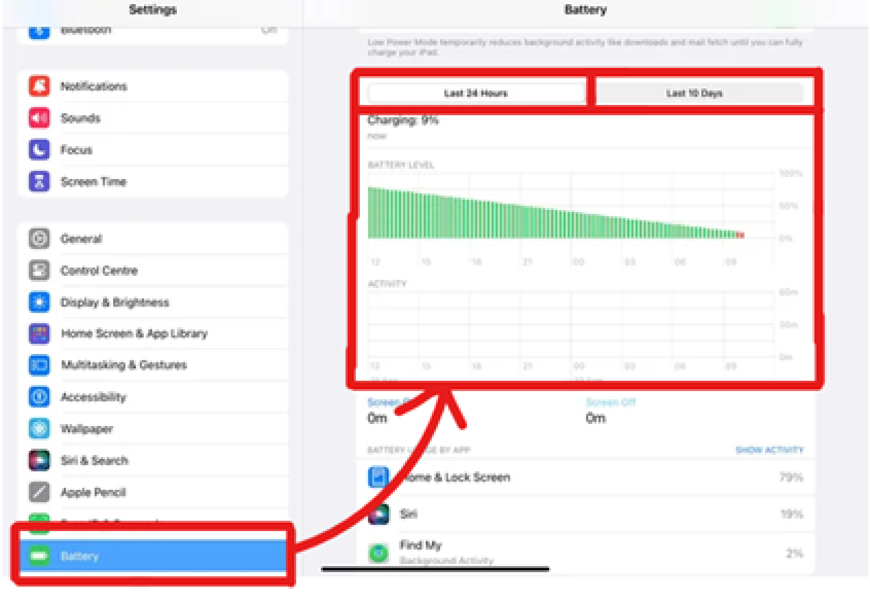 Utilizzo della batteria ipados 17