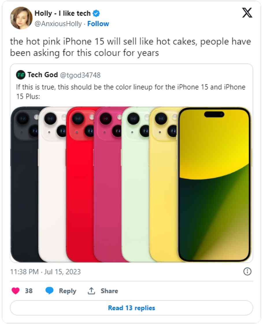 Tweet de usuária sobre a cor rosa do iPhone 15