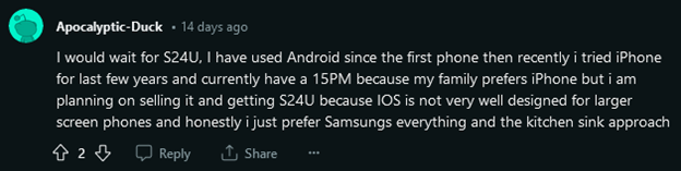  Samsung S24 y iPhone 15 Pro Max discusión reddit