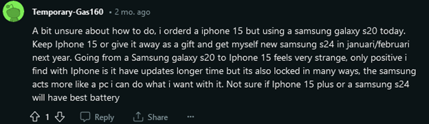 reddit users discuss iphone 15 vs samsung S24