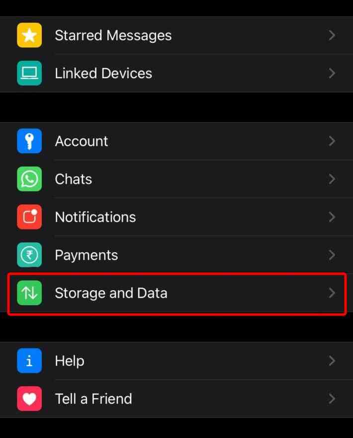 Configurações de armazenamento e dados do WhatsApp 