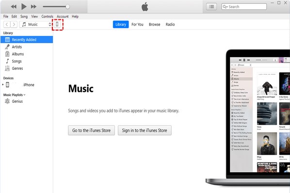 clique no ícone do iphone no iTunes para restaurar o backup