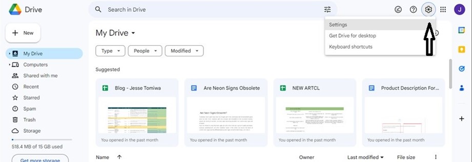 Accede a la página de inicio de Google Drive seleccionando Configuración