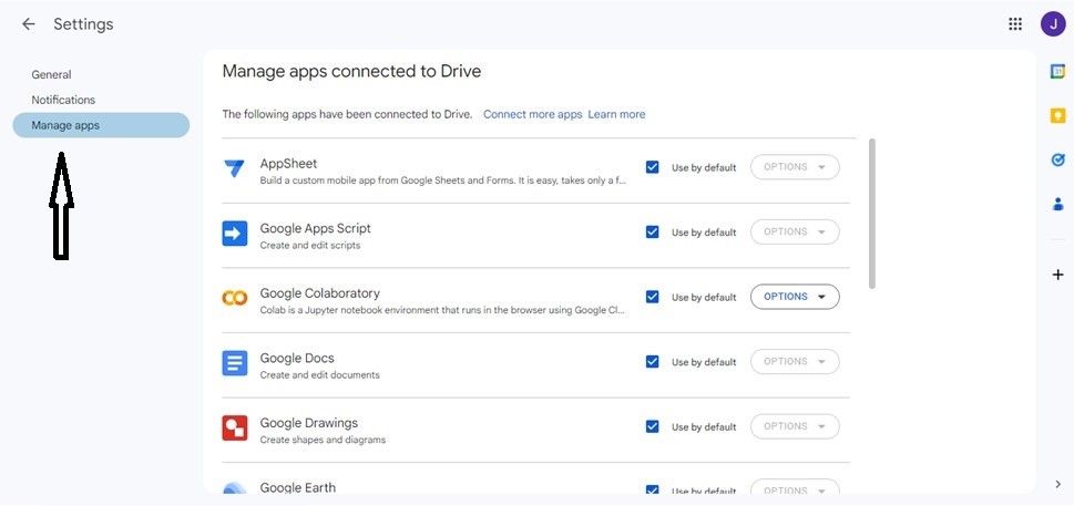Accede a Administrar aplicaciones en la configuraciÃ³n de Google Drive.
