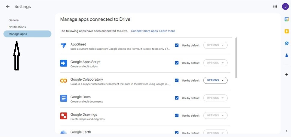 Go to Manage Apps in Google Drive Settings