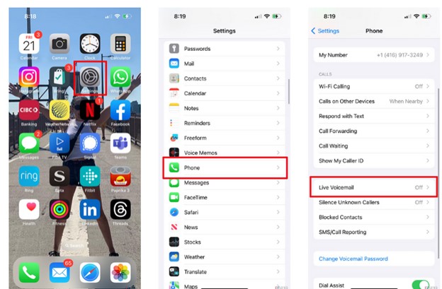 Scegli live voicemail sotto telefono nelle impostazioni