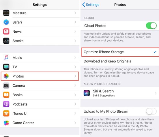 optimize iPhone storage via iCloud