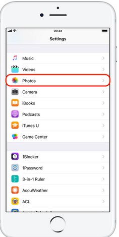 choisissez l'option photos dans la fenêtre des paramètres