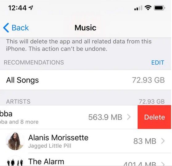 exclua músicas pelas configurações do iphone para otimizar o armazenamento