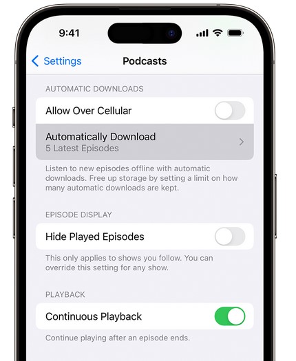 impedir que o iphone baixe podcasts automaticamente