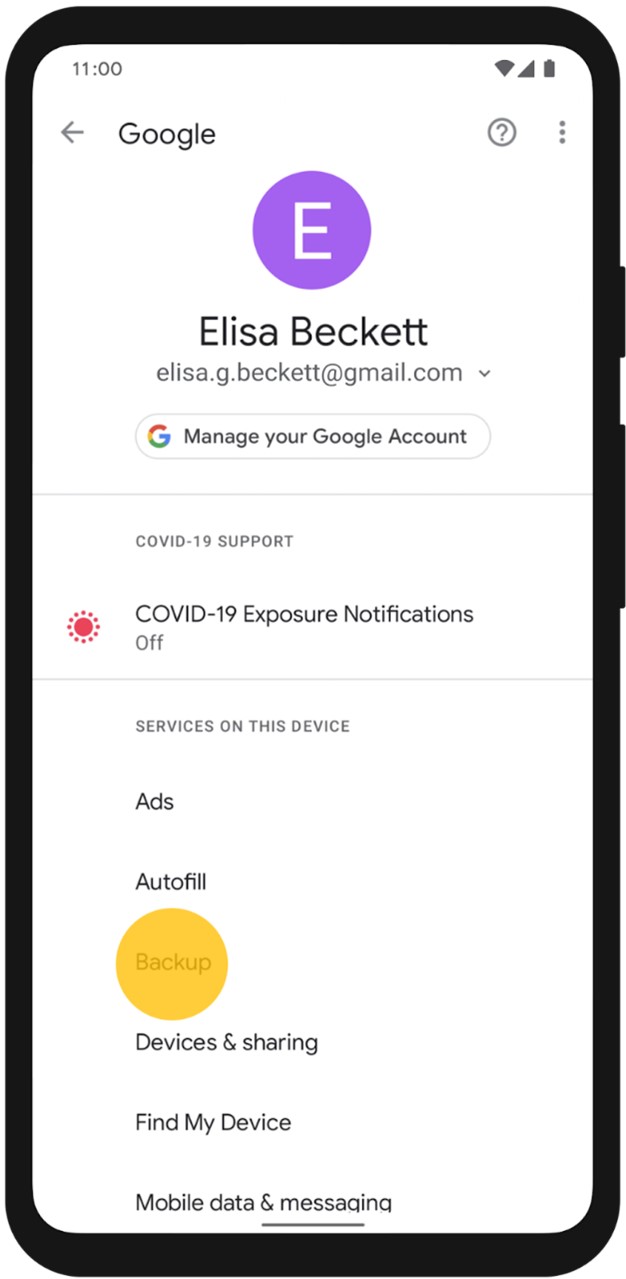 select the backup option below your google account