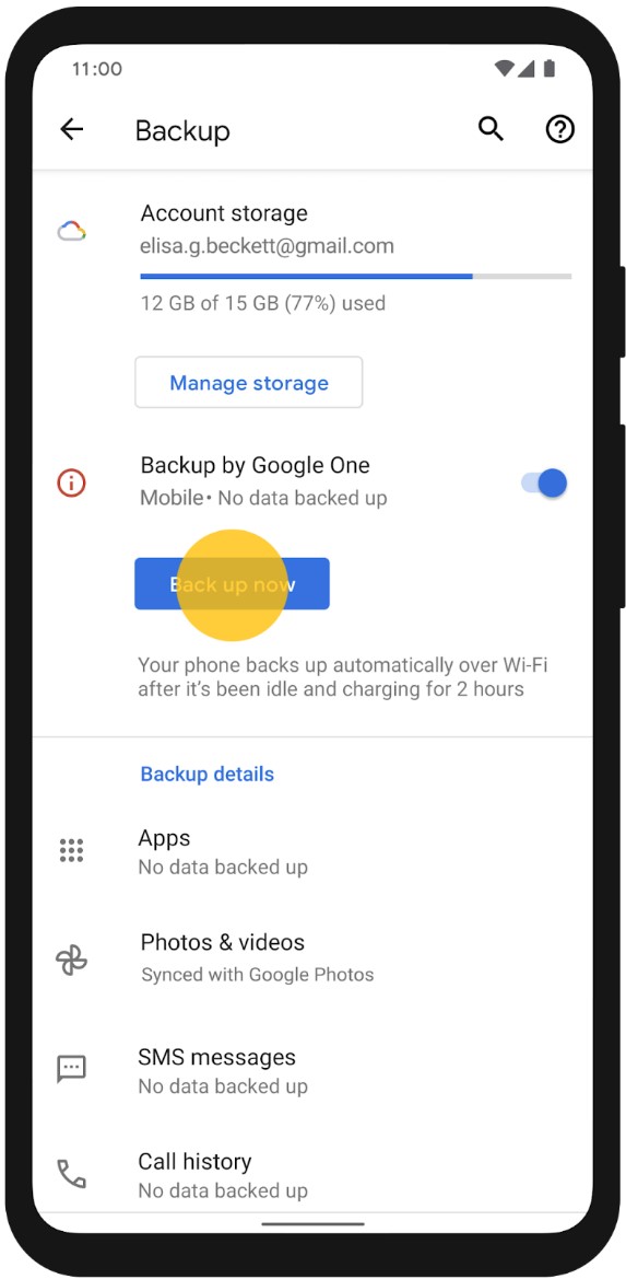 choose back up now to start backing up data to google drive