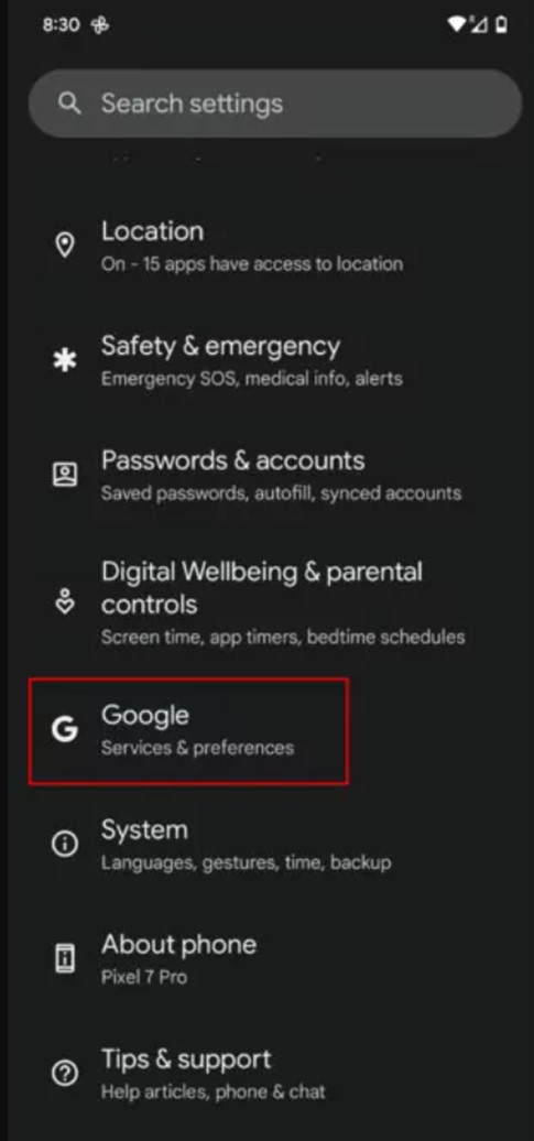 select the google option to back up android data to google