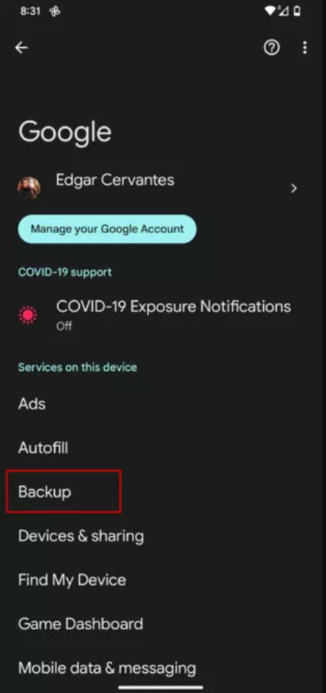 tap on backup to sync data from the old phone to google