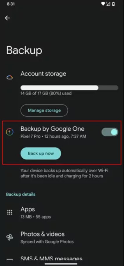 choose back up now to continue backup to google one