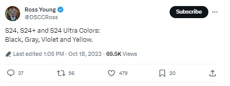 ross young alleged s24 ultra will be in black, grey, violet, and yellow