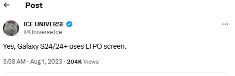 твиттер-сообщение-от-ice-universe-утверждает, что-samsung-s24-plus-будет-использовать-ltpo-экран 