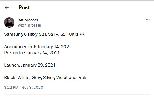 twitter-post von-jon-prosser-über-samsung-s21-erscheinungs-datum