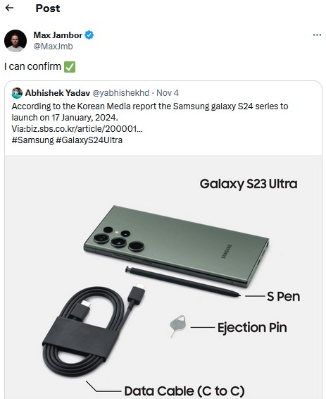 confirmación-tweet-de-max-jambor-de-que-samsung-s24-será-lanzado-en-enero-17-2024