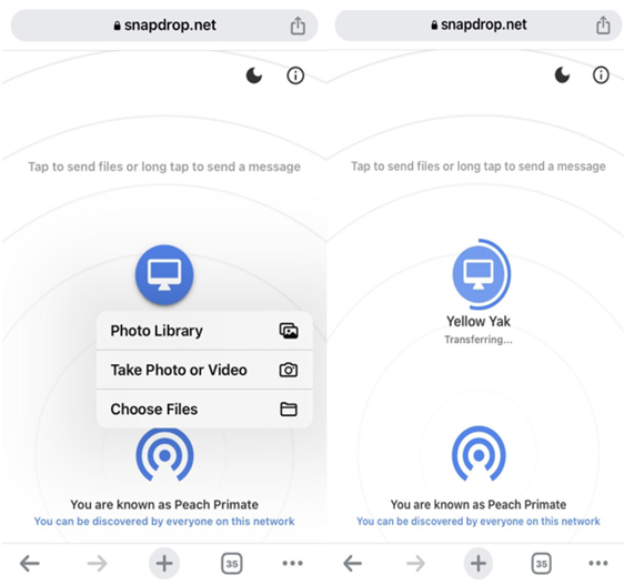 Interface de l'expéditeur snapdrop sur l'icône